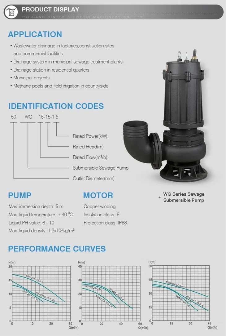 Factory Supply 100WQ100-30-15 Submersible Sewage Pumps For Sewage Drainage Factory Supply 100WQ100-30-15 Submersible Sewage Pumps For Sewage Drainage